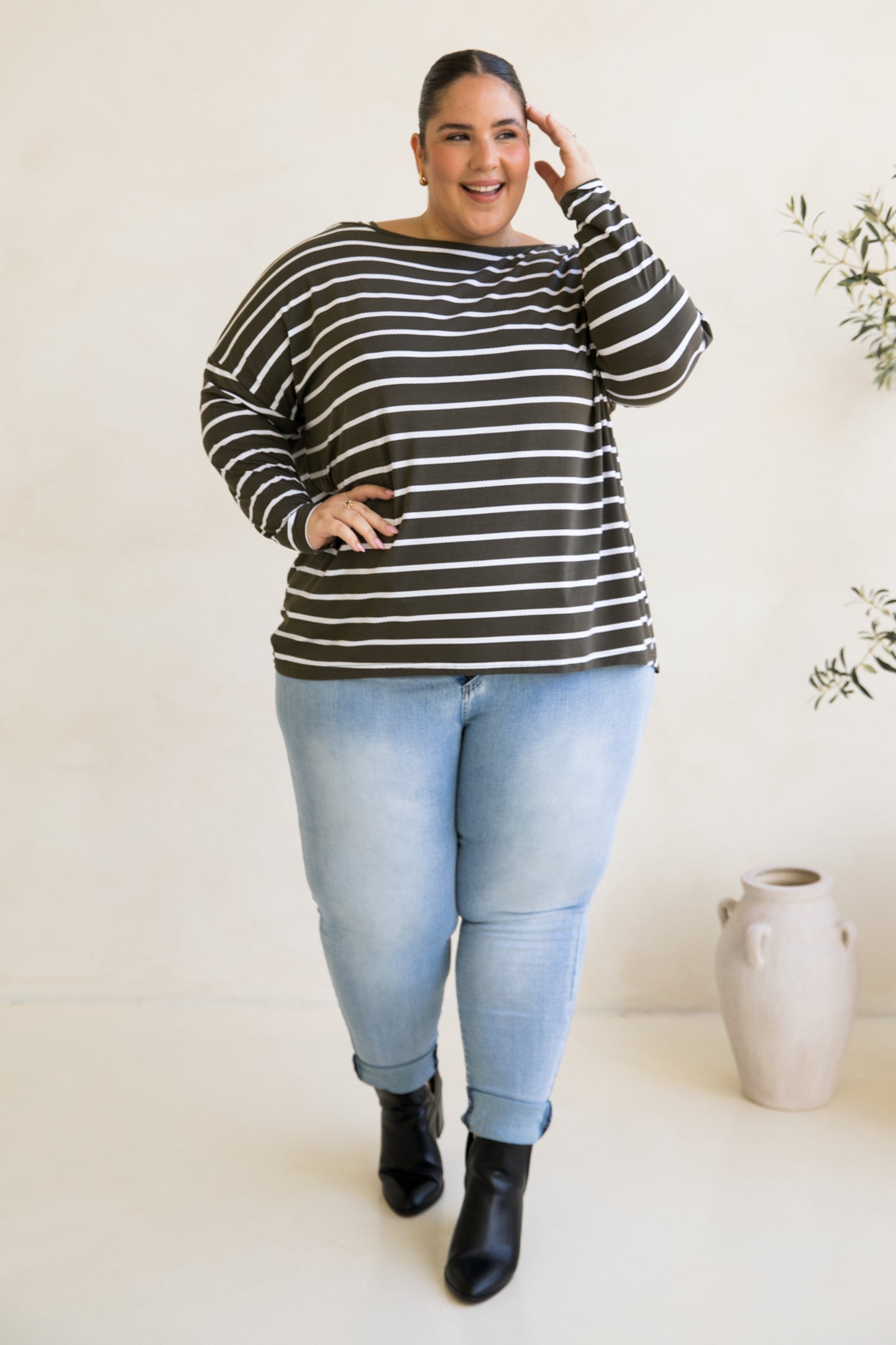 Pippa Top | Moss Green/White Stripe