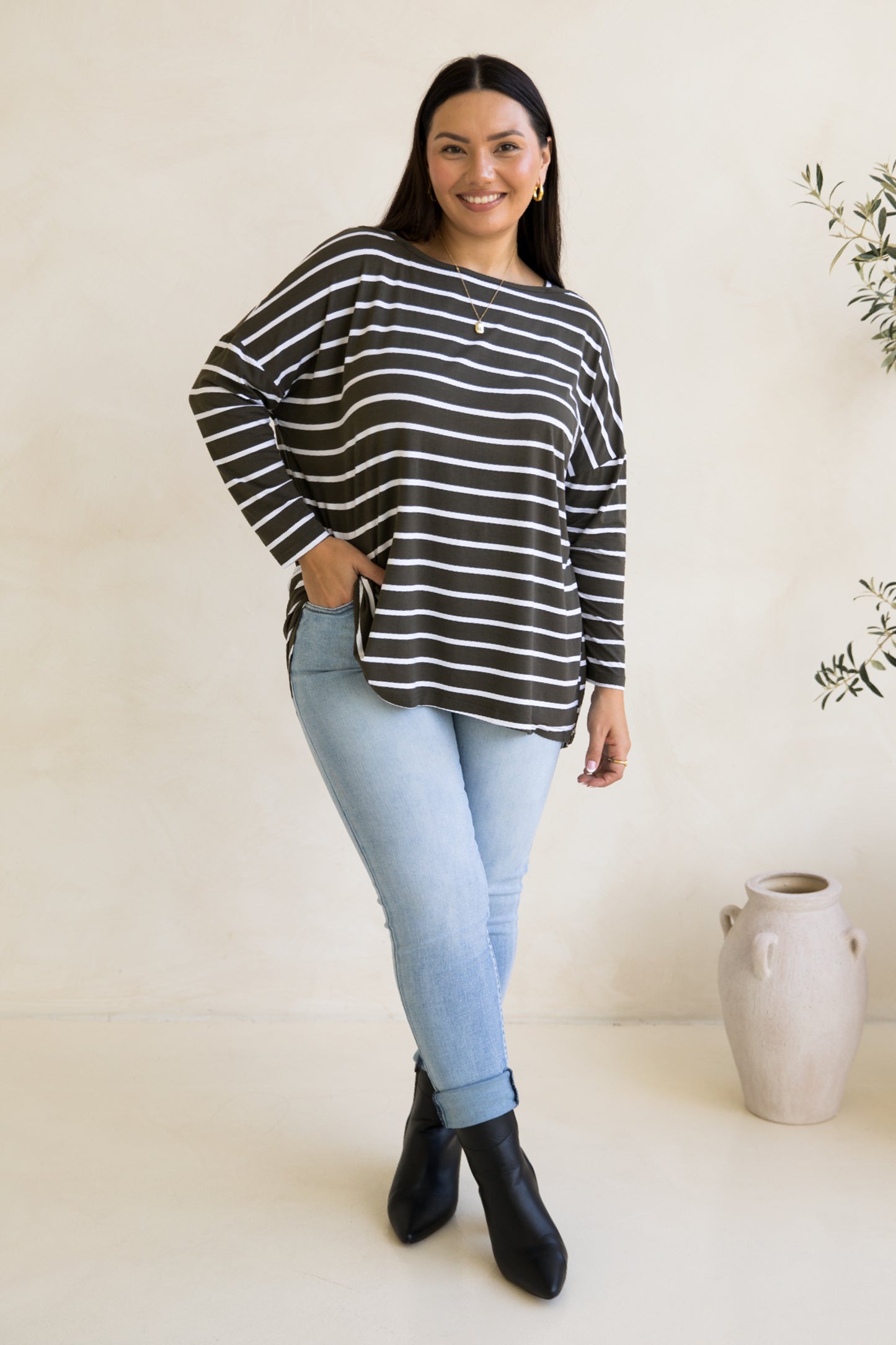 Pippa Top | Moss Green/White Stripe