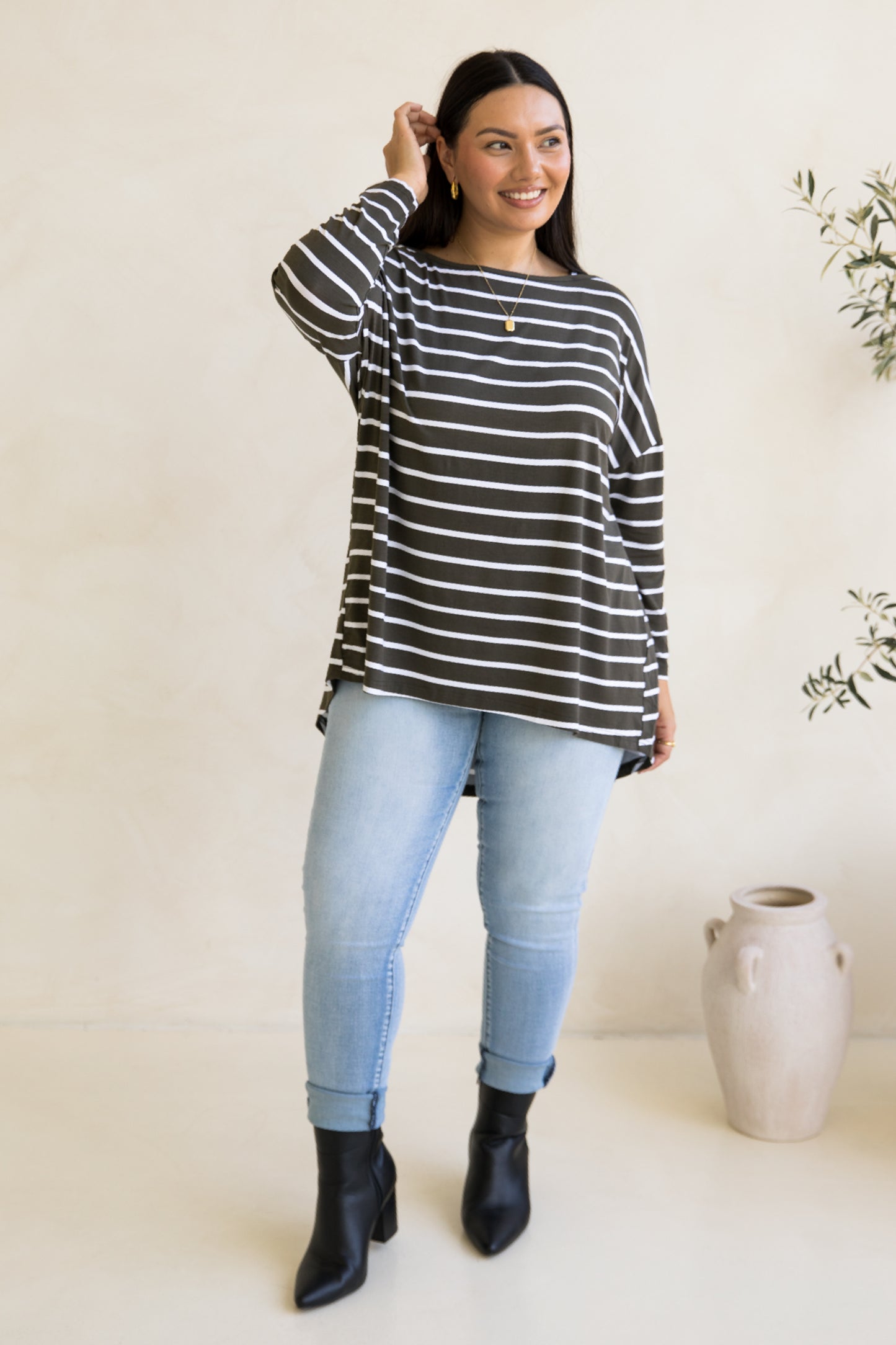 Pippa Top | Moss Green/White Stripe
