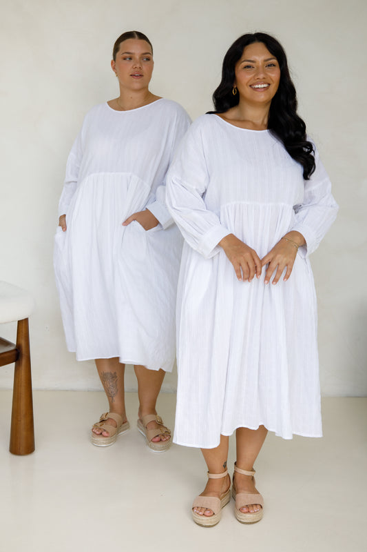 ROMA Cotton Long Sleeve Classic/Midi Dress | White | FINAL SALE