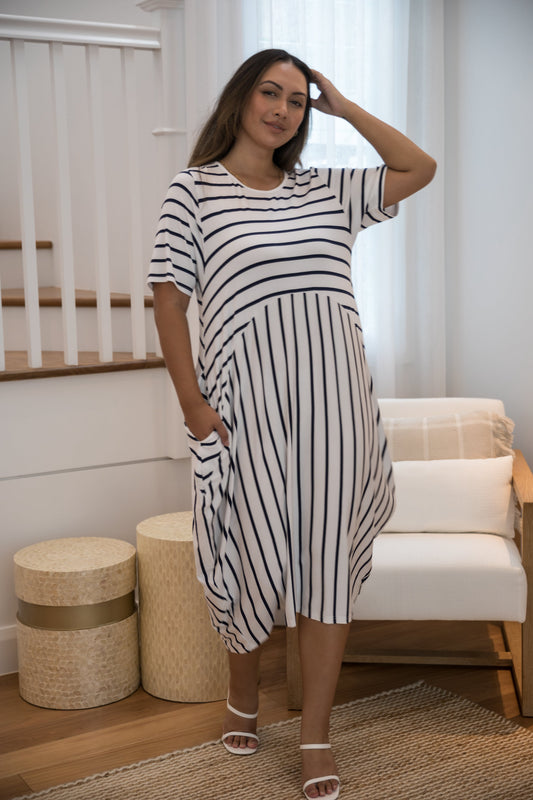 SOHO Bamboo Short Sleeve Midi Dress | White/Navy Stripe