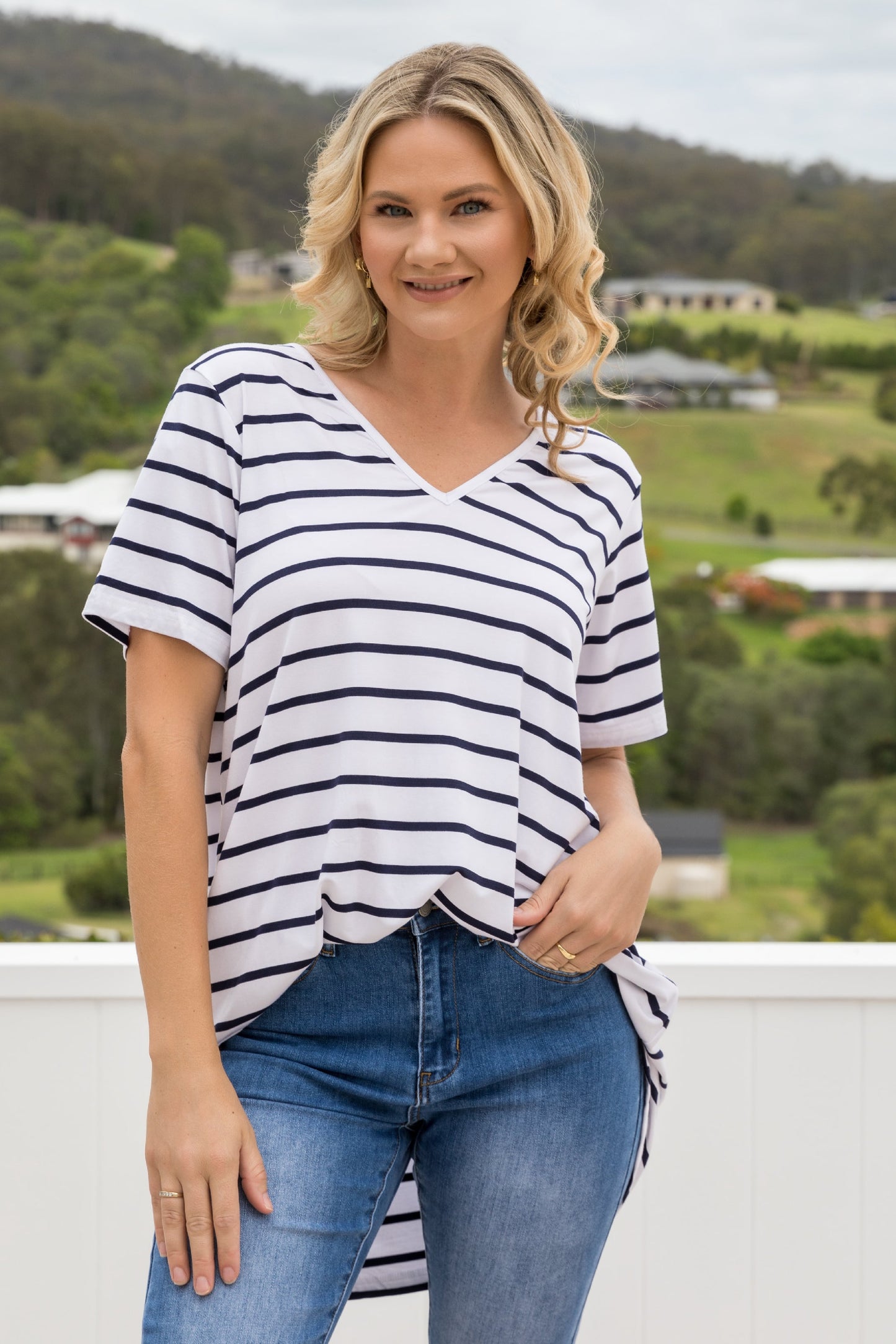 T-Shirt Bamboo Top | White/Navy Stripe | FINAL SALE