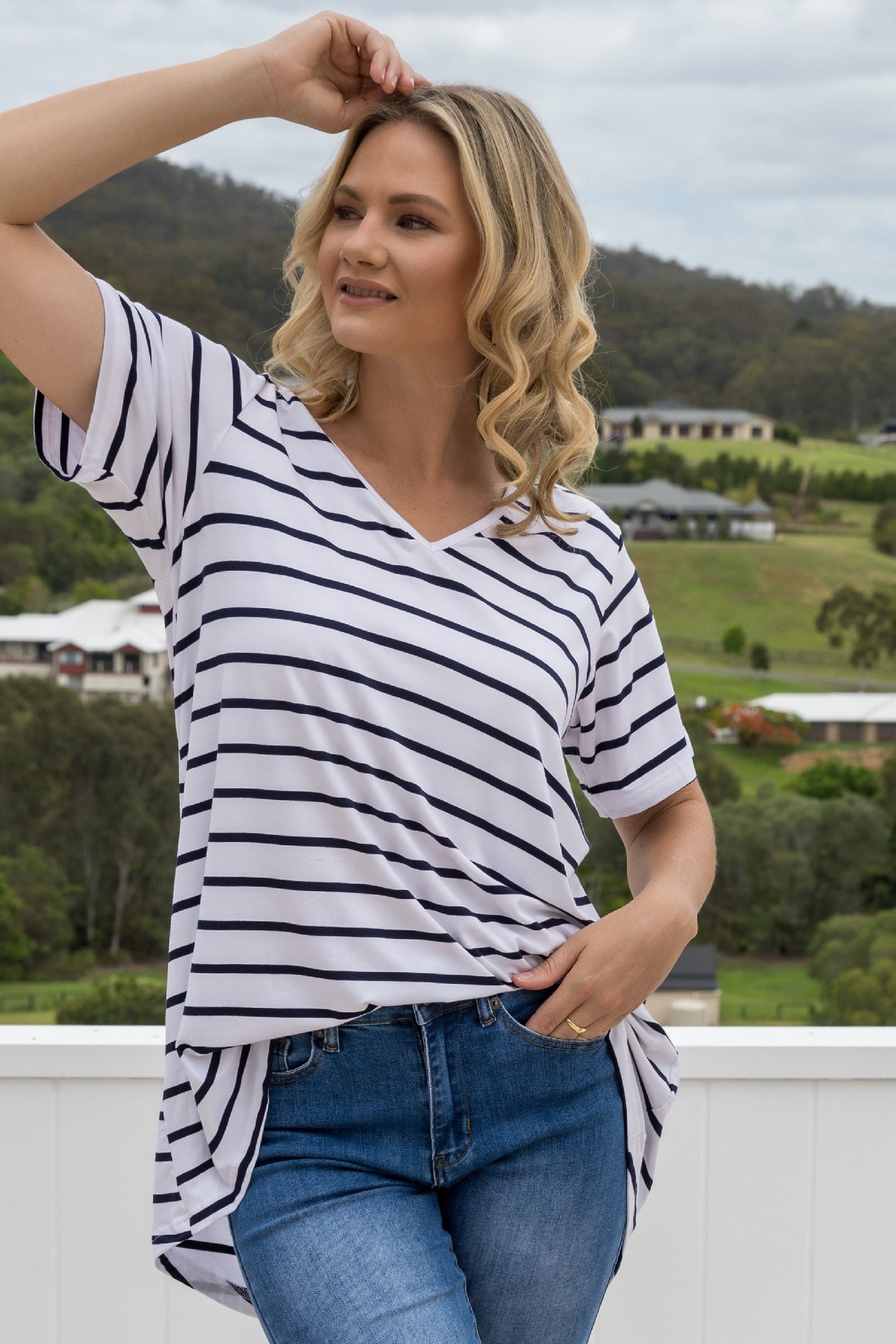 T-Shirt Bamboo Top | White/Navy Stripe | FINAL SALE