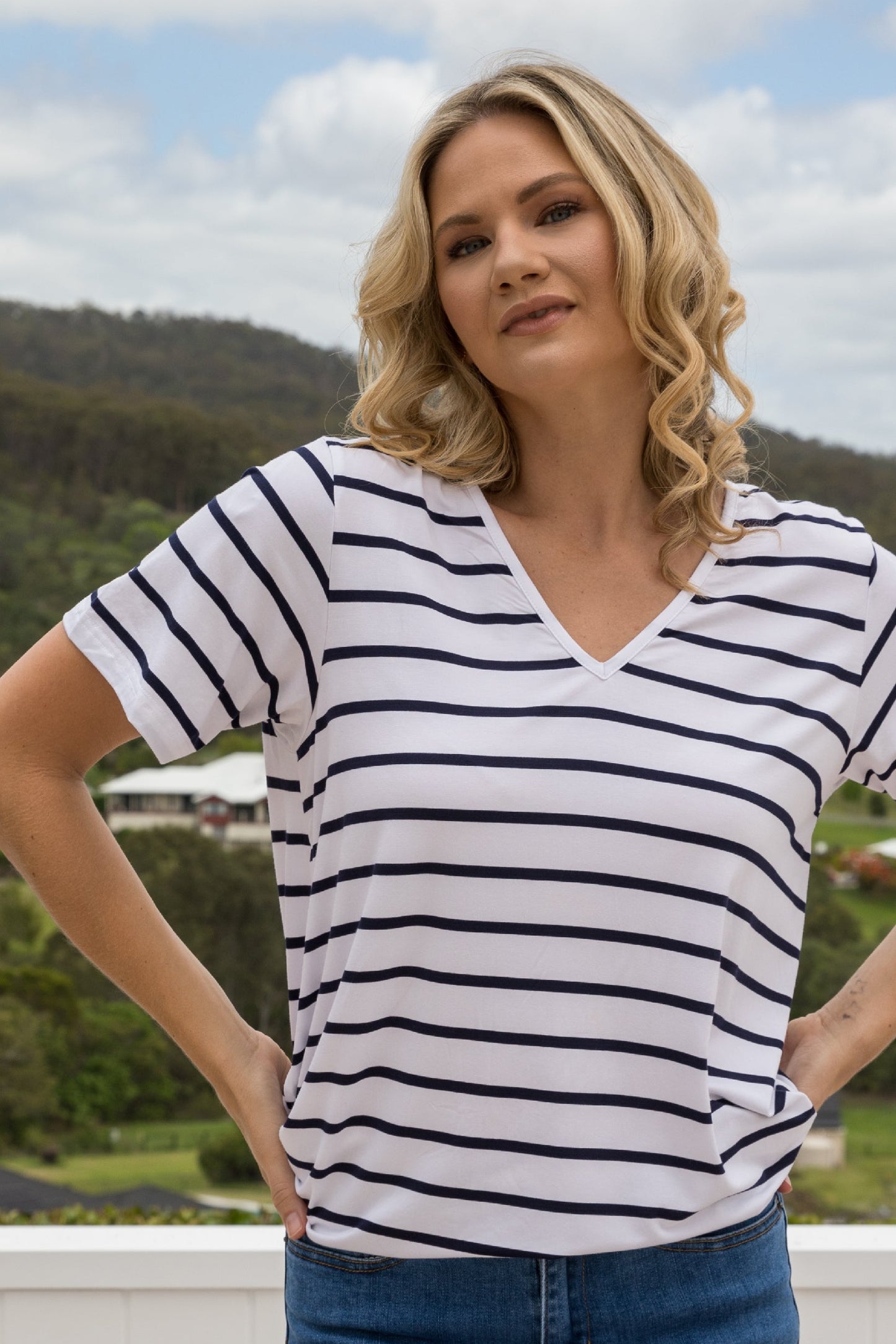 T-Shirt Bamboo Top | White/Navy Stripe | FINAL SALE