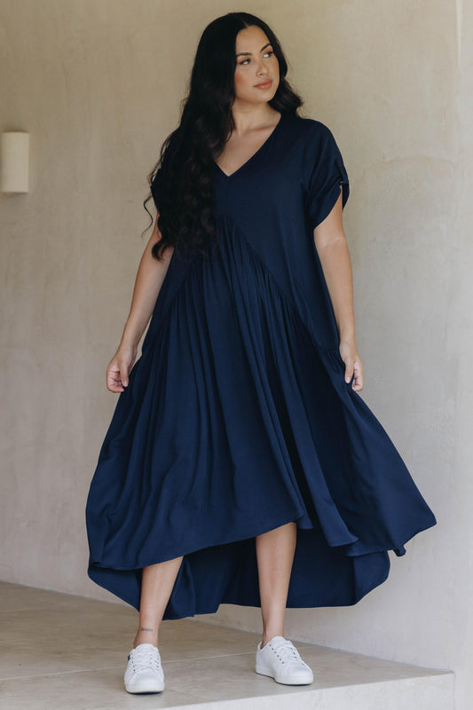 PEAK Rayon Short Sleeve Hi Lo Maxi Dress | Navy