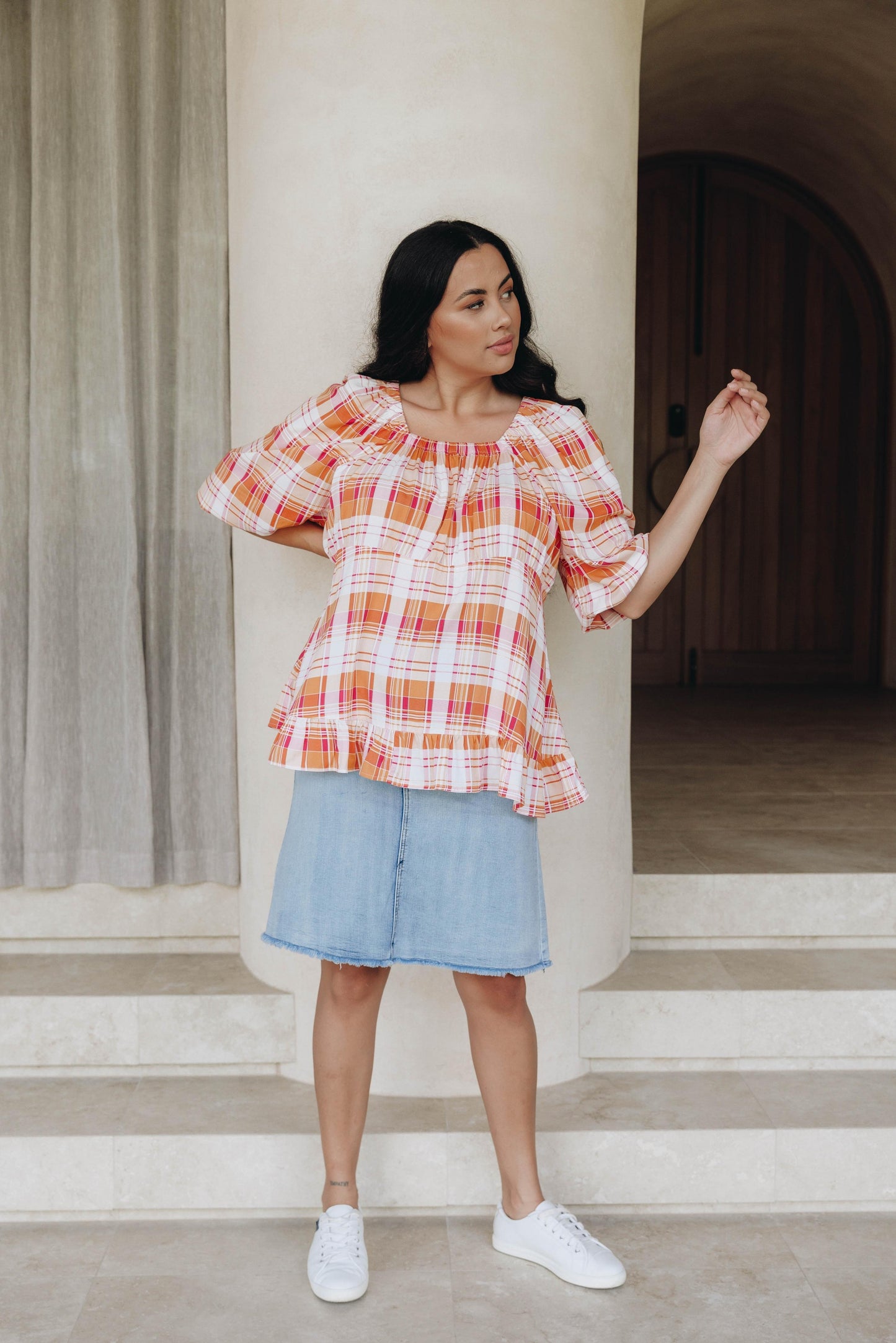 Elfie Ruffle Top | Ember Check | FINAL SALE