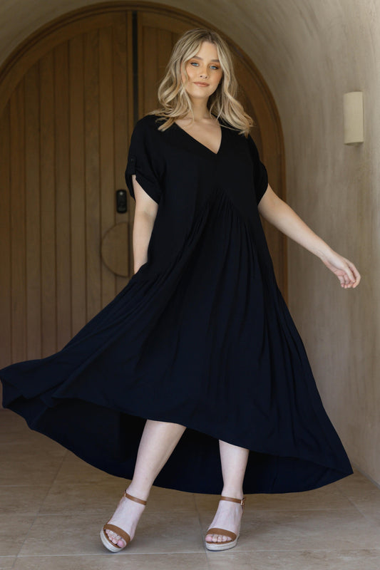PEAK Rayon Short Sleeve Hi Lo Maxi Dress | Black