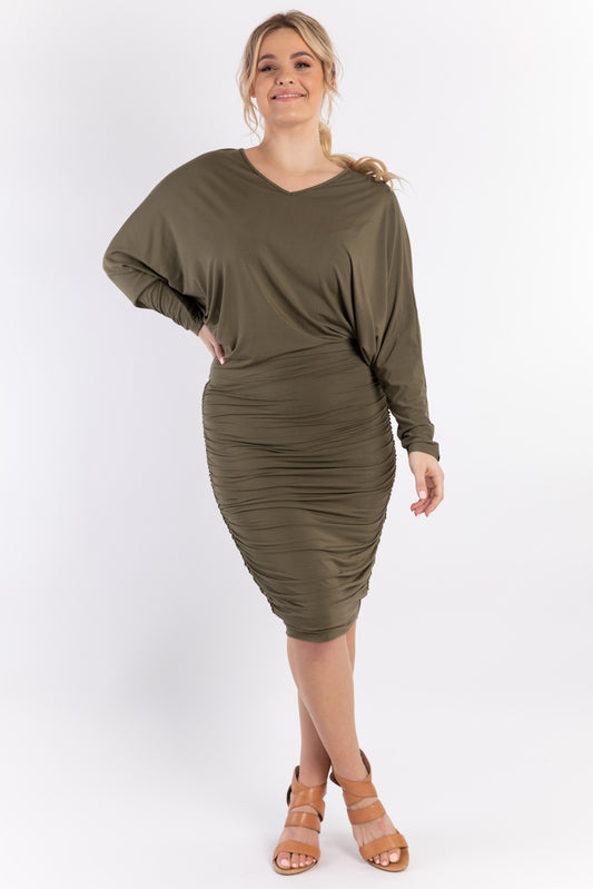 RUCHE Bamboo Longsleeve Shortline Dress | Khaki | FINAL SALE