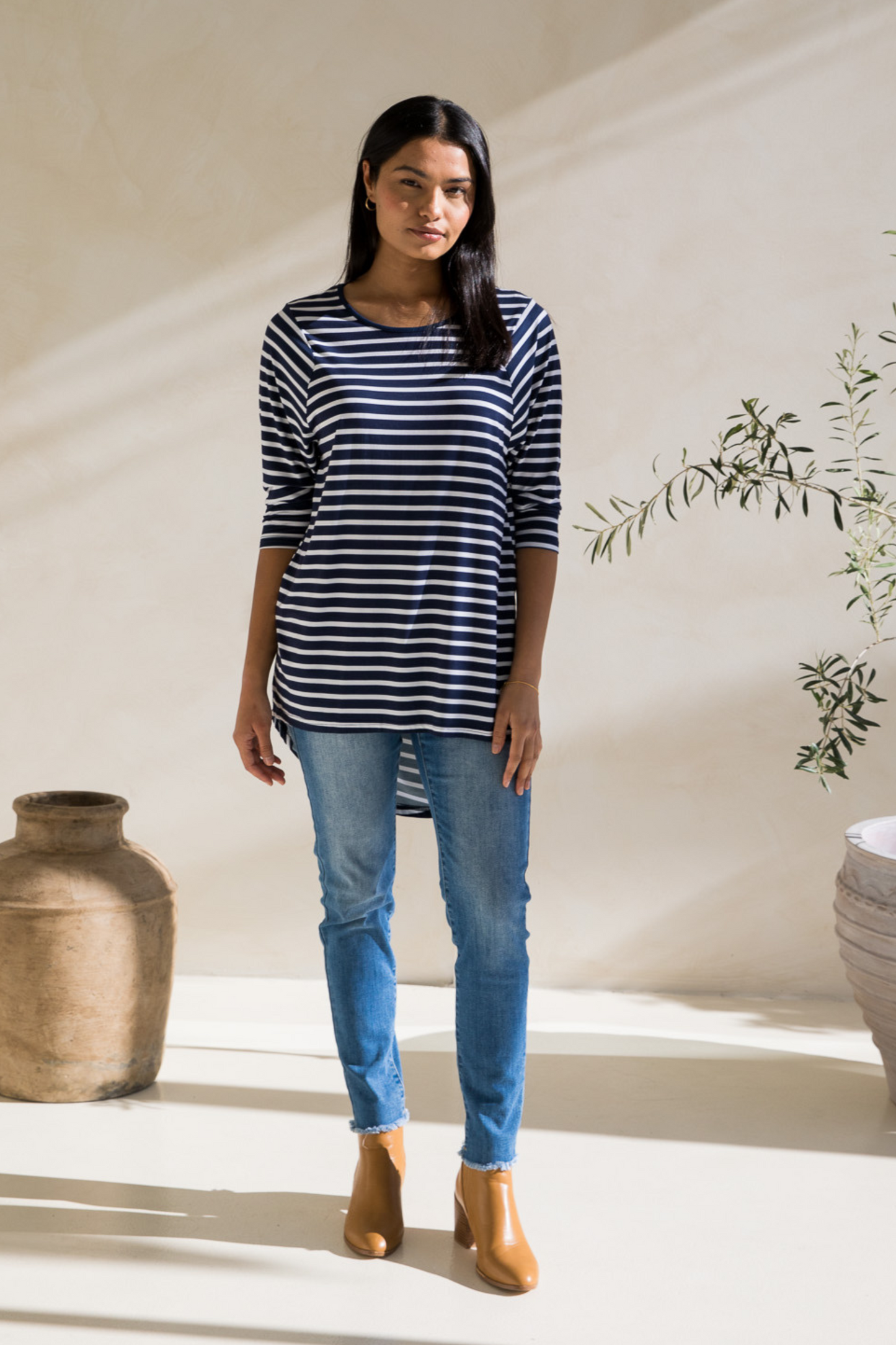 Long Sleeve Hi Low Kiana Top | Navy/White Stripe