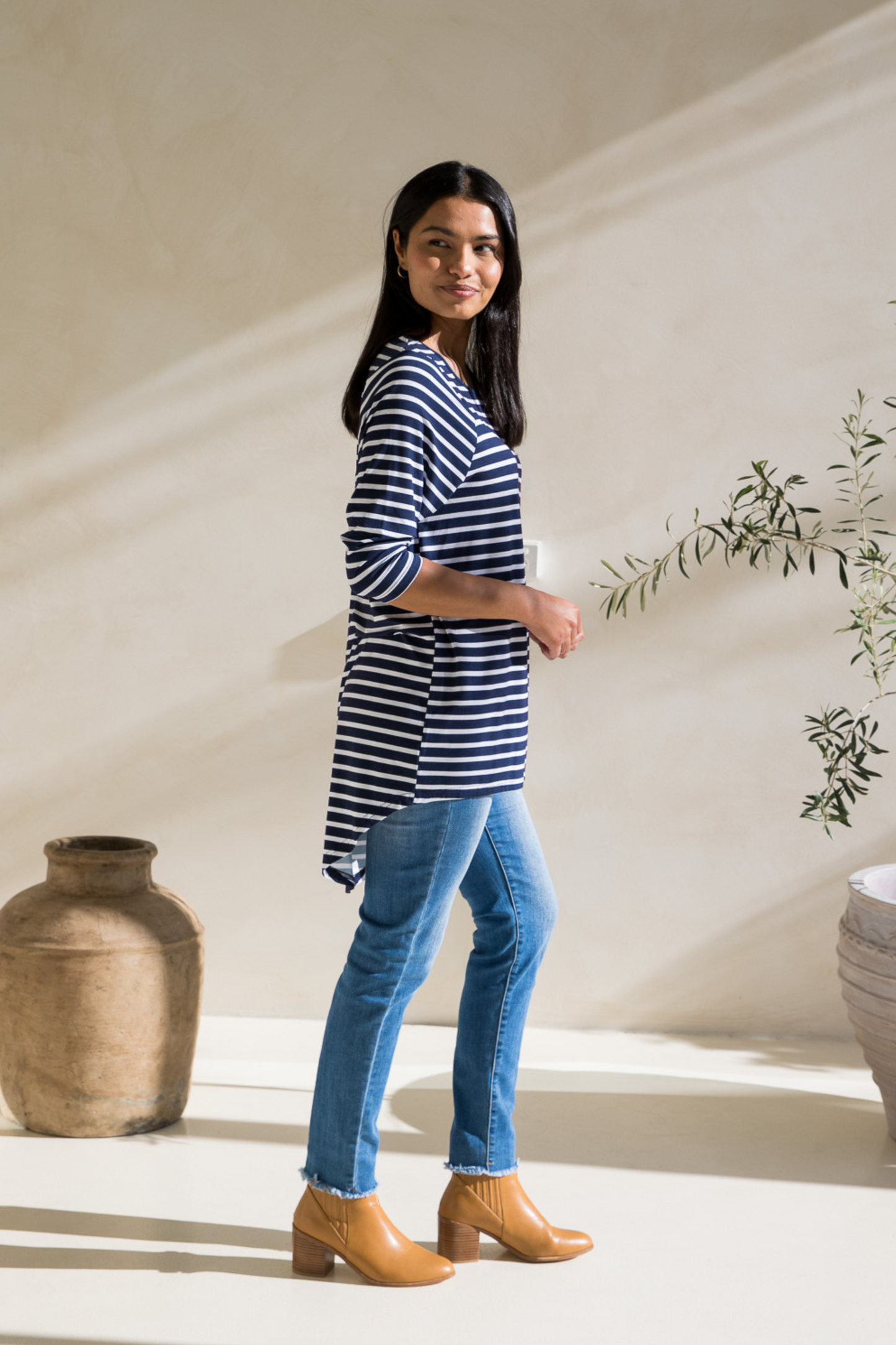 Long Sleeve Hi Low Kiana Top | Navy/White Stripe