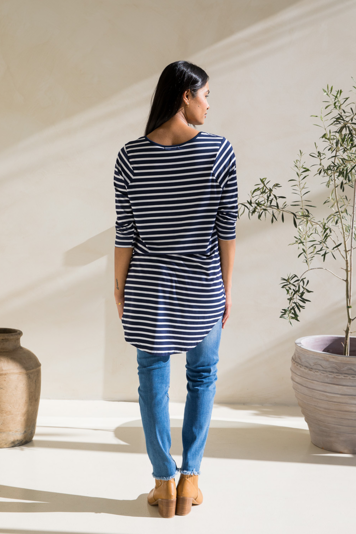 Long Sleeve Hi Low Kiana Top | Navy/White Stripe