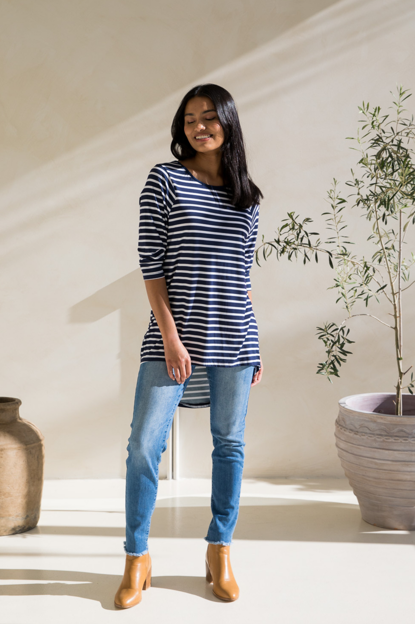 Long Sleeve Hi Low Kiana Top | Navy/White Stripe