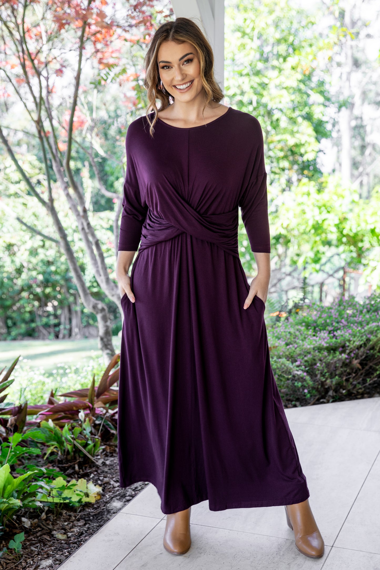 3/4 Sleeve Eden Maxi Dress in Berry