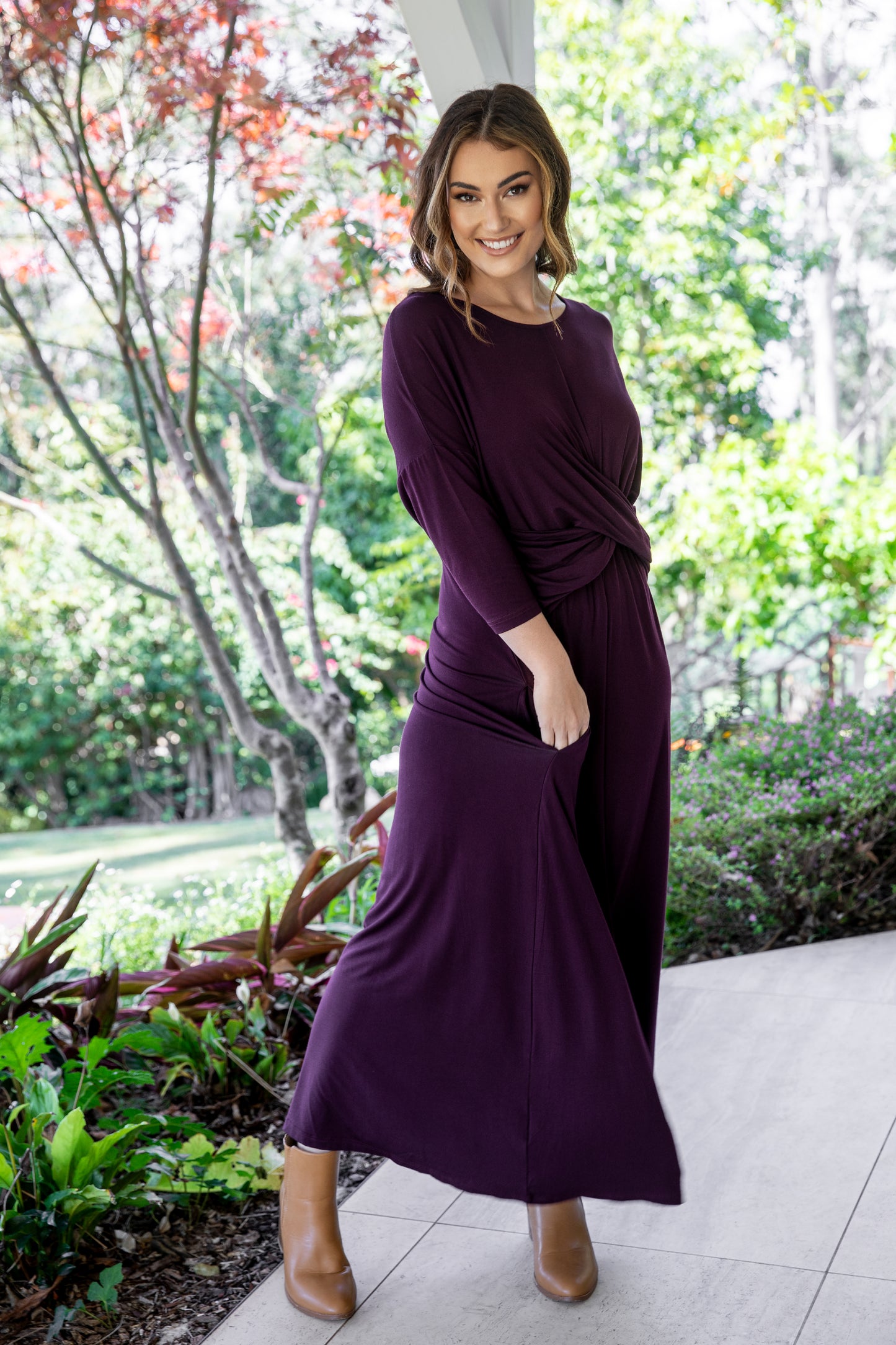 3/4 Sleeve Eden Maxi Dress in Berry