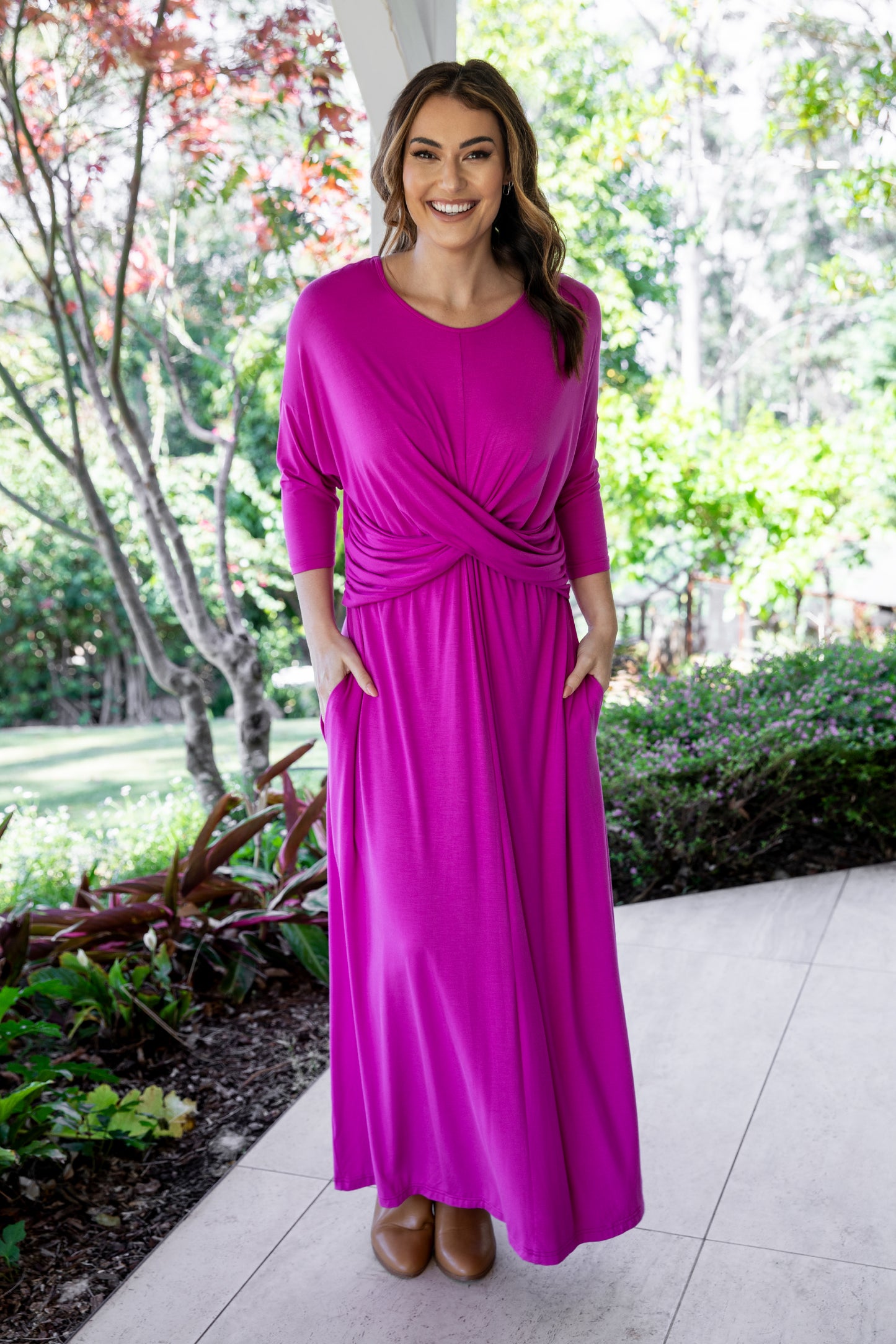 3/4 Sleeve Eden Maxi Dress in Plum Pink