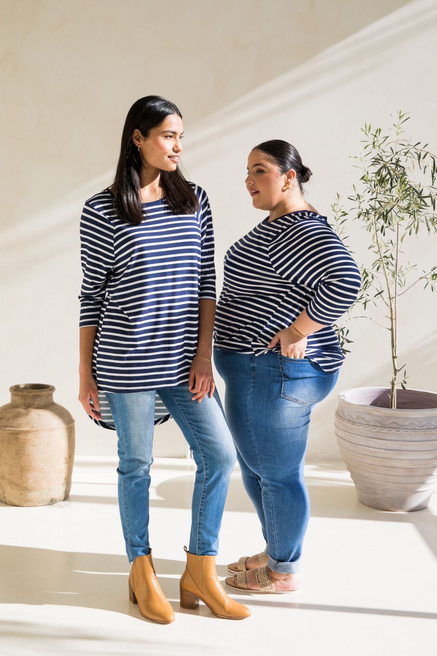 Long Sleeve Hi Low Kiana Top | Navy/White Stripe