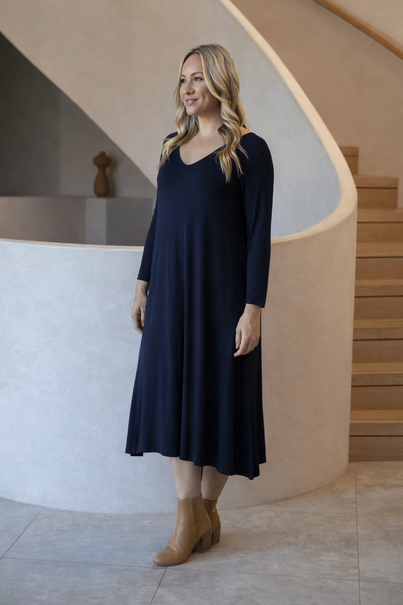 T-SHIRT Mid Sleeve Bamboo Midi Dress | Navy