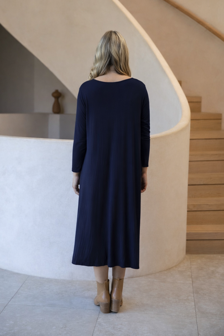 T-SHIRT Mid Sleeve Bamboo Midi Dress | Navy