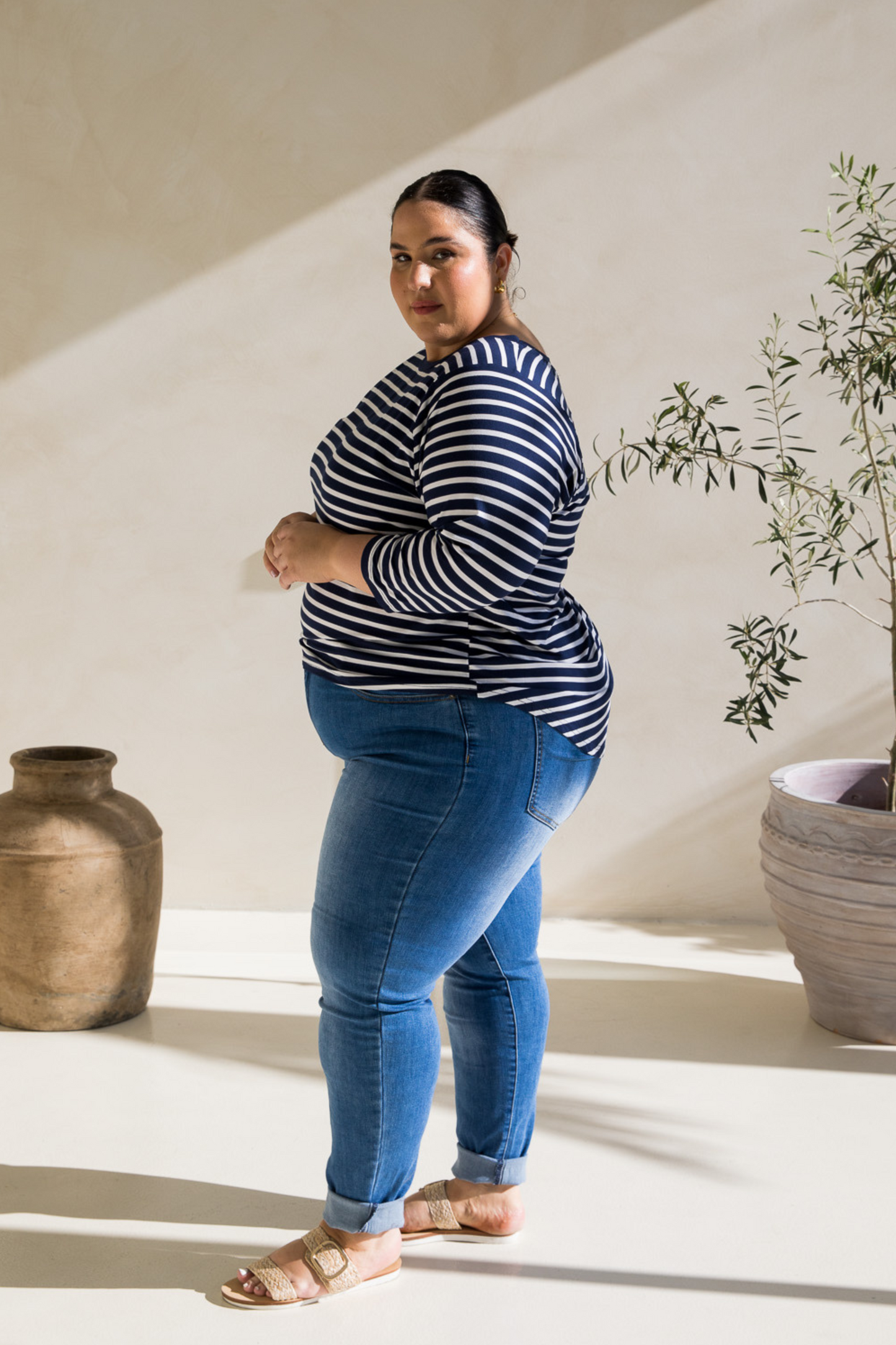 Long Sleeve Hi Low Kiana Top | Navy/White Stripe