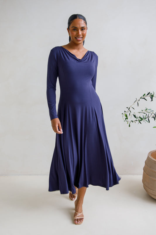ADELINE Bamboo Long Sleeve Midi Dress | Midnight Navy