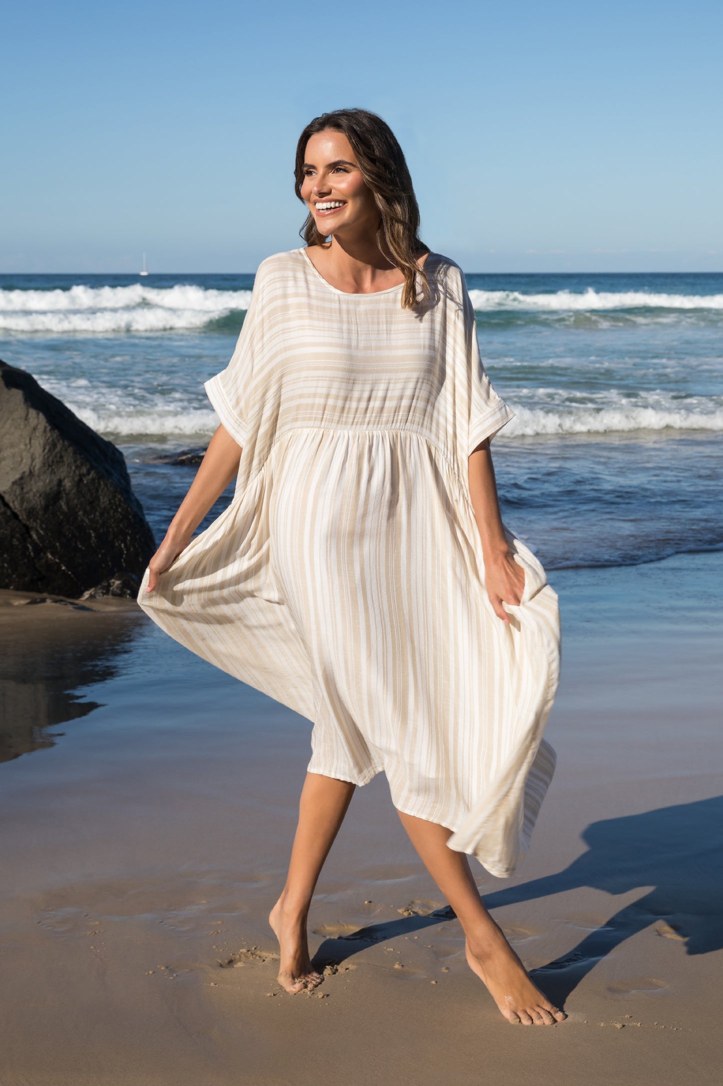 Beachy Dress in Beige Stripe