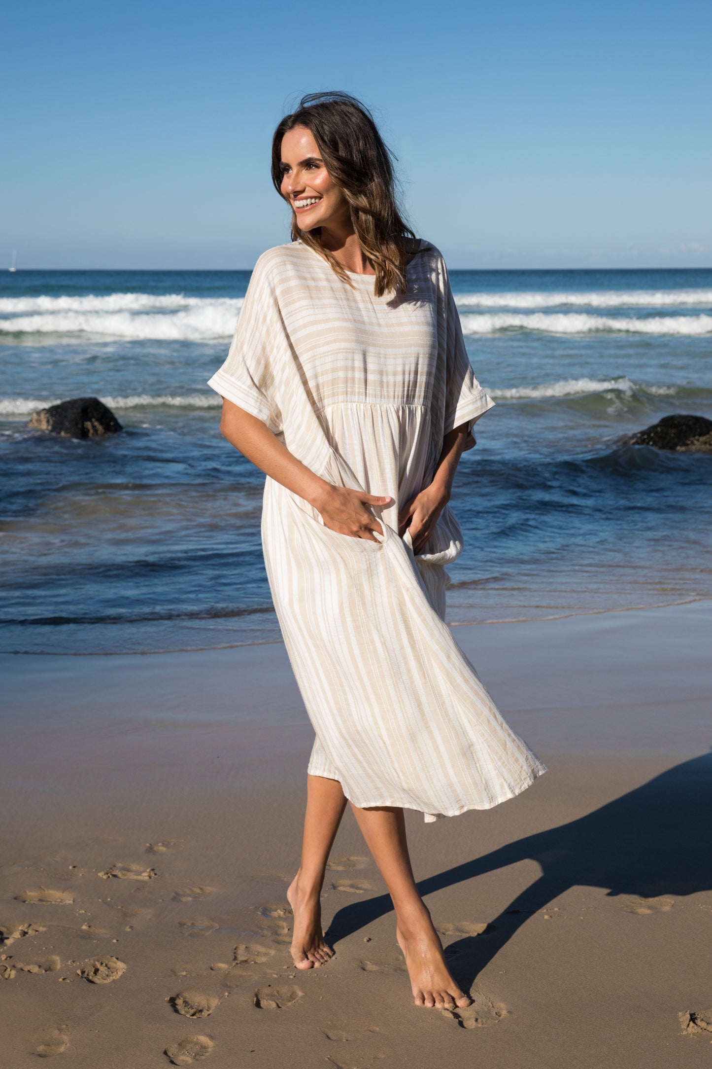 Beachy Dress in Beige Stripe