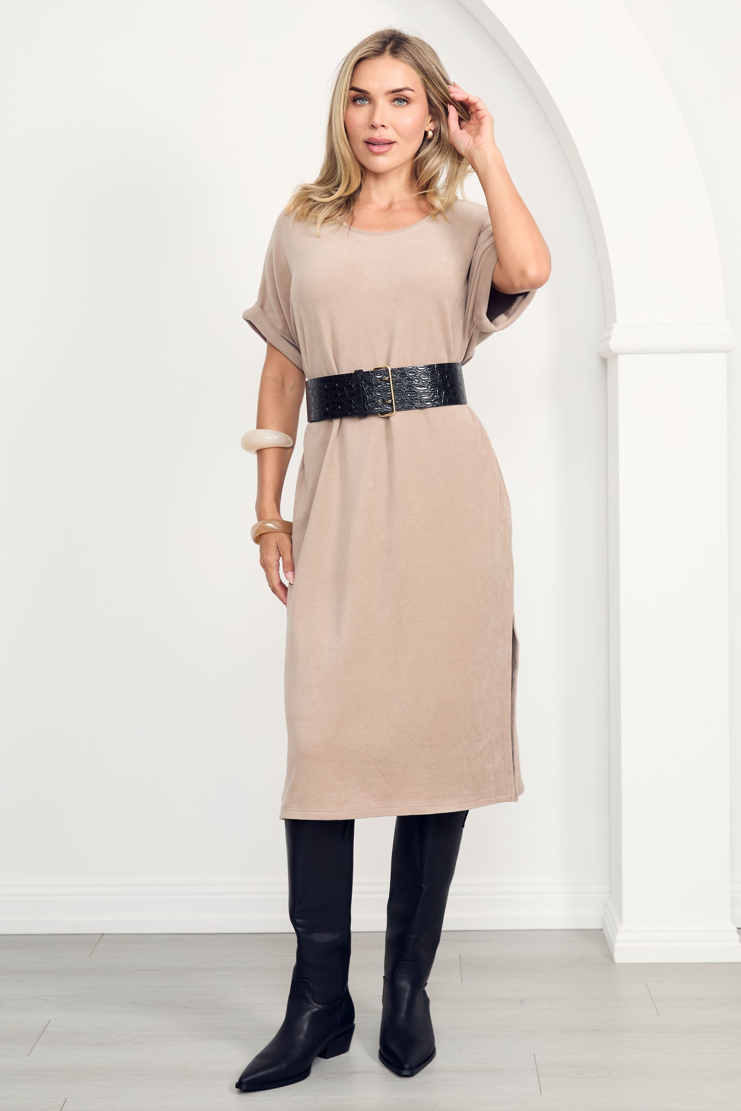 BONNIE Knit Short Sleeve Midi Dress | Taupe