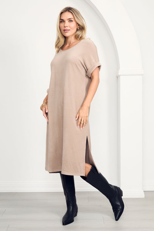 BONNIE Knit Short Sleeve Midi Dress | Taupe
