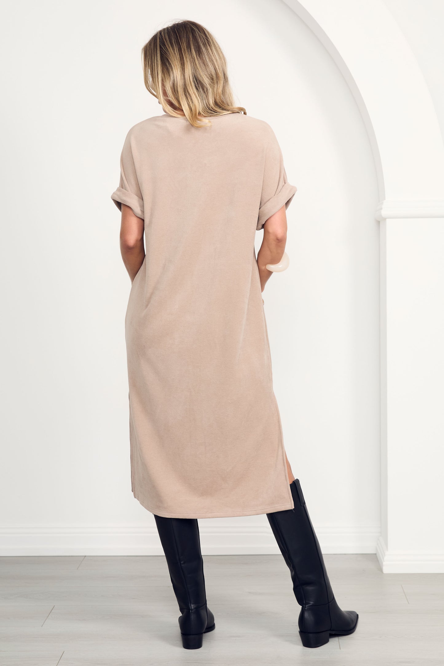 BONNIE Knit Short Sleeve Midi Dress | Taupe