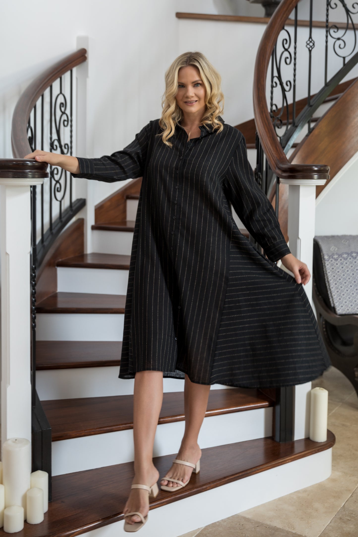 Cadillia Dress in Black Pinstripe