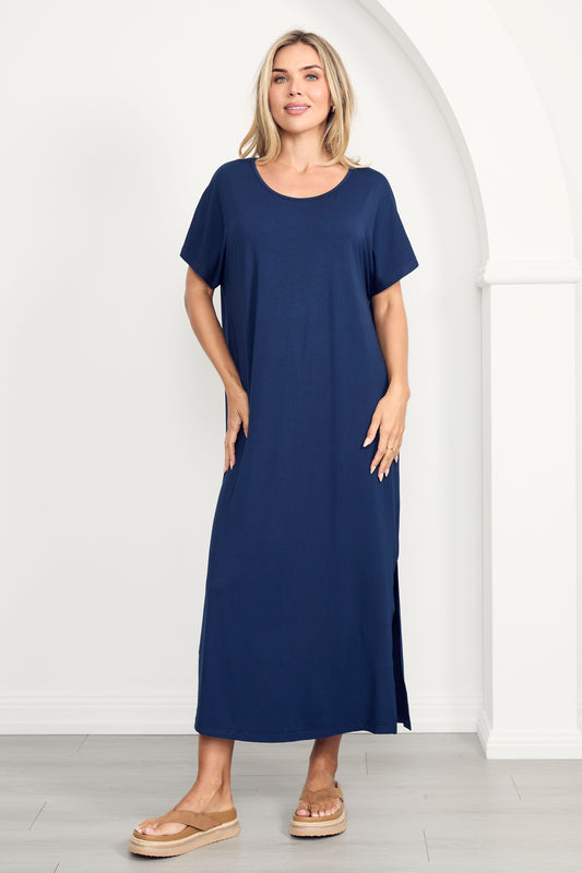 DESTINY Bamboo Short Sleeve Midi Dress | Navy