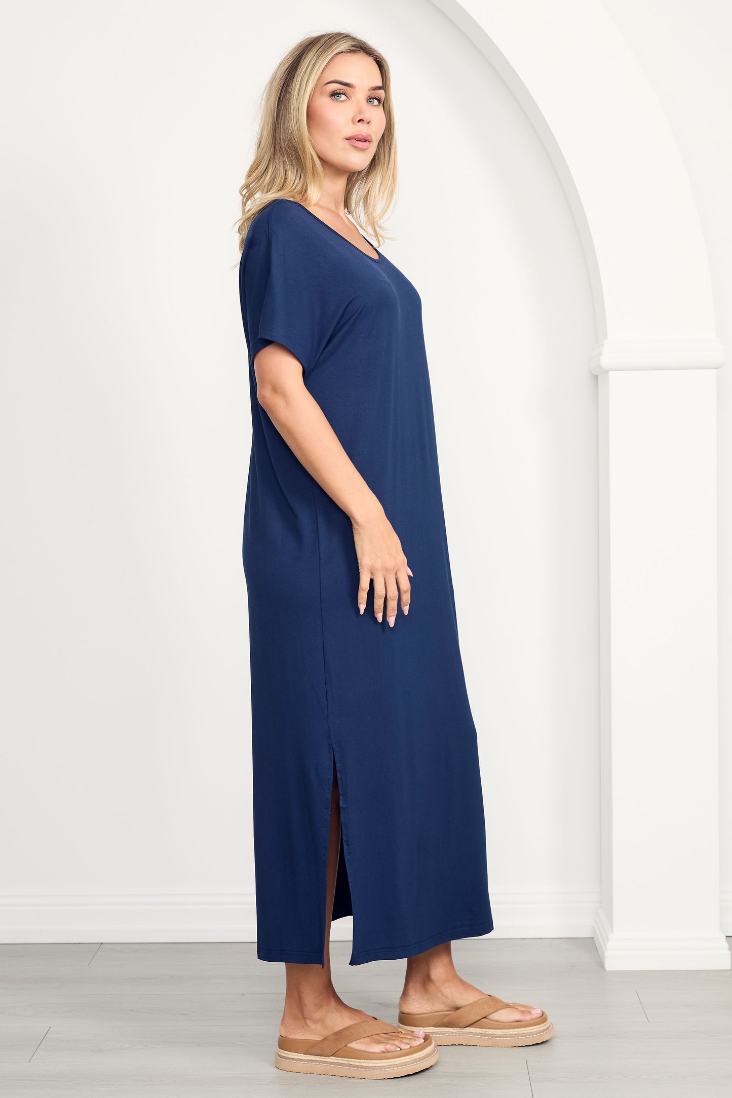 DESTINY Bamboo Short Sleeve Midi Dress | Navy