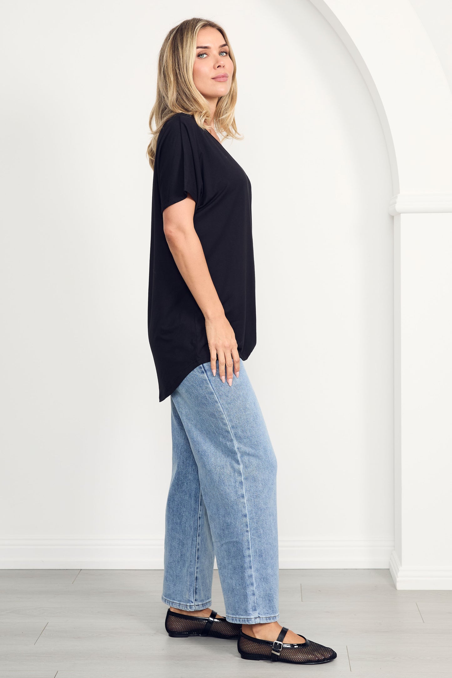 DESTINY Bamboo Short Sleeve Classic Length Top | Black