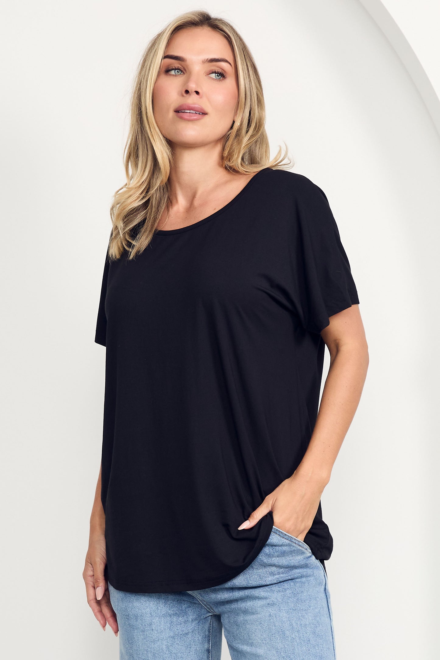 DESTINY Bamboo Short Sleeve Classic Length Top | Black
