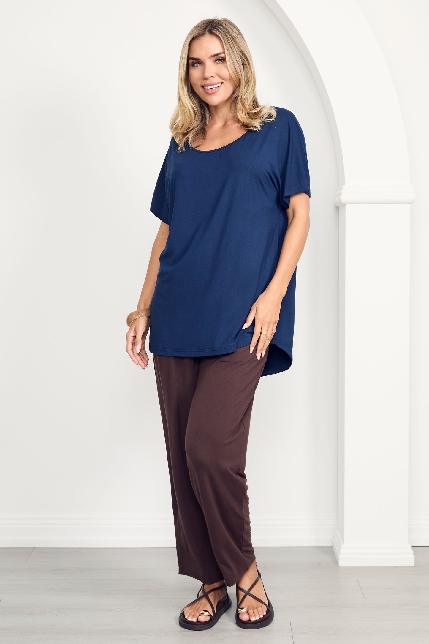 DESTINY Bamboo Short Sleeve Classic Length Top | Navy