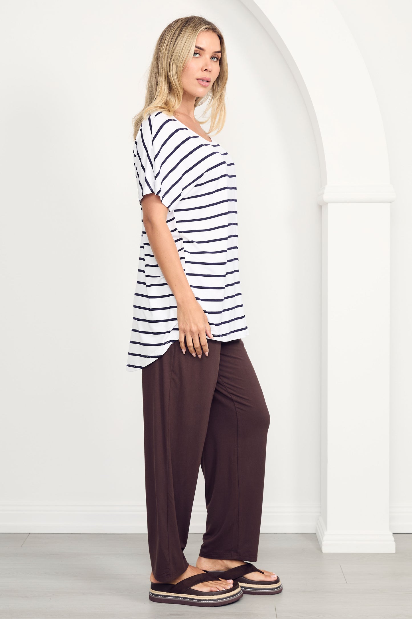 DESTINY Bamboo Short Sleeve Classic Length Top | White/Navy Stripe