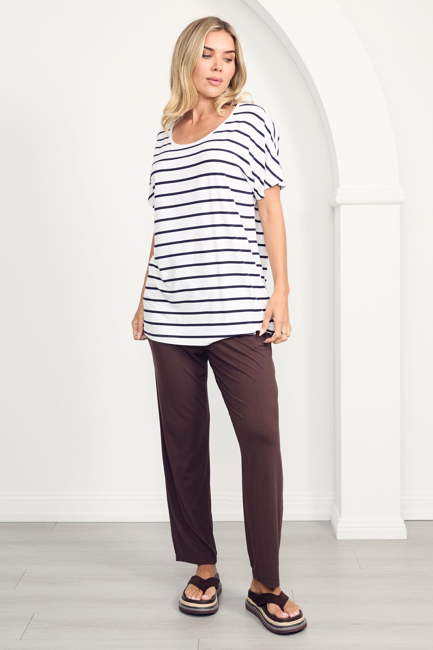 DESTINY Bamboo Short Sleeve Classic Length Top | White/Navy Stripe