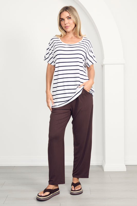 DESTINY Bamboo Short Sleeve Classic Length Top | White/Navy Stripe