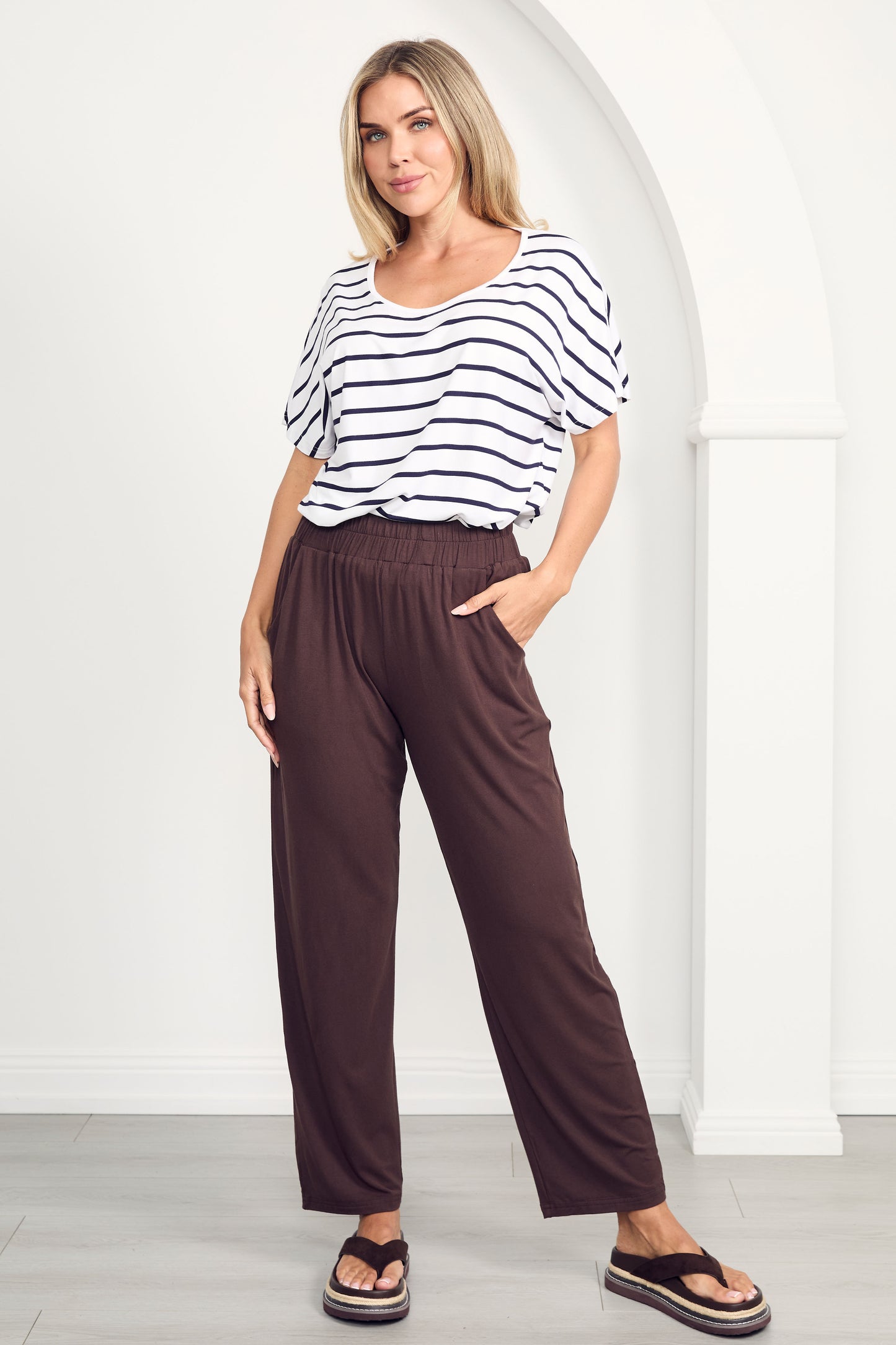 DESTINY Bamboo Short Sleeve Classic Length Top | White/Navy Stripe