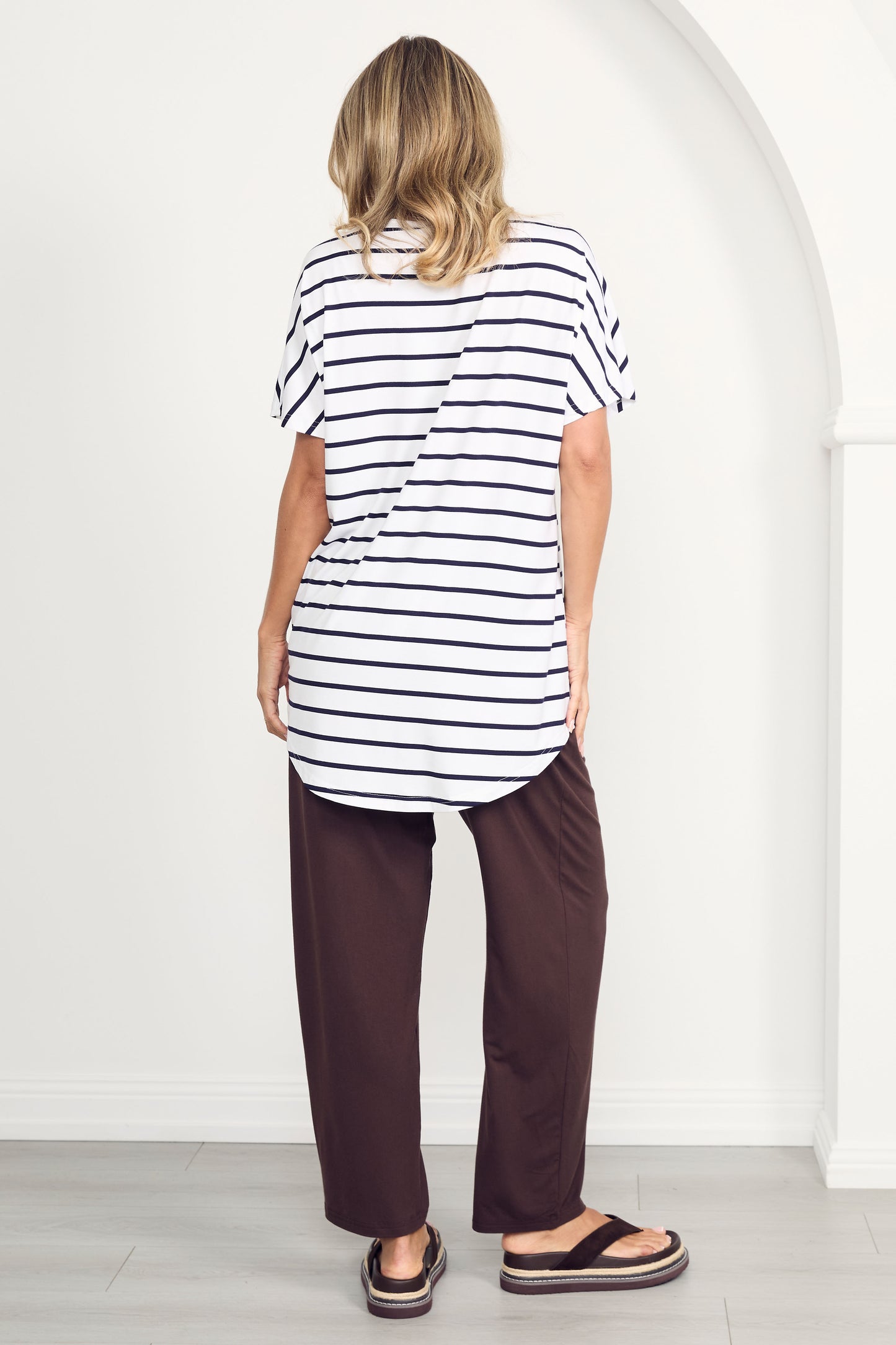DESTINY Bamboo Short Sleeve Classic Length Top | White/Navy Stripe