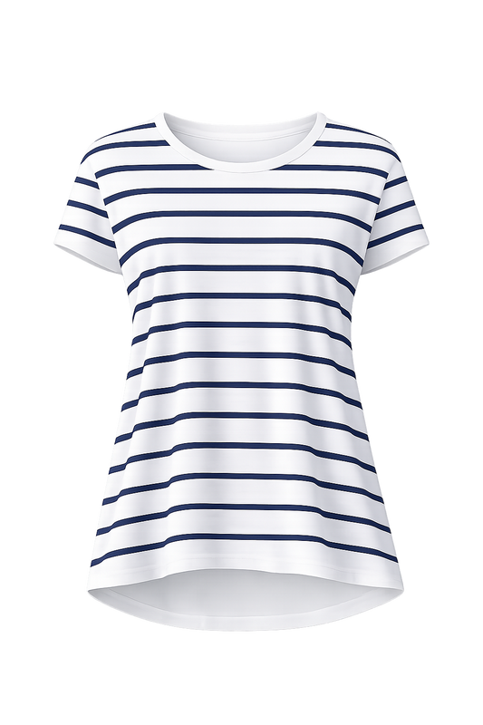 DESTINY Bamboo Short Sleeve Classic Length Top | White/Navy Stripe