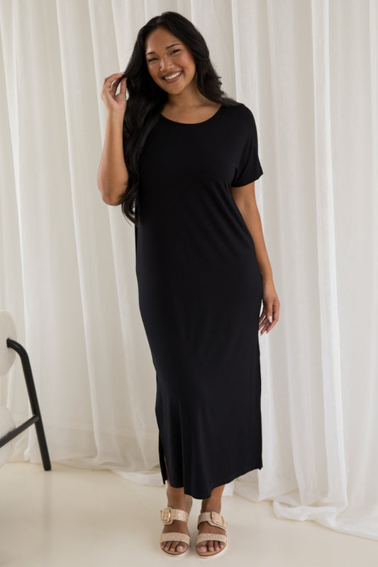 DESTINY Bamboo Short Sleeve Midi Dress | Black