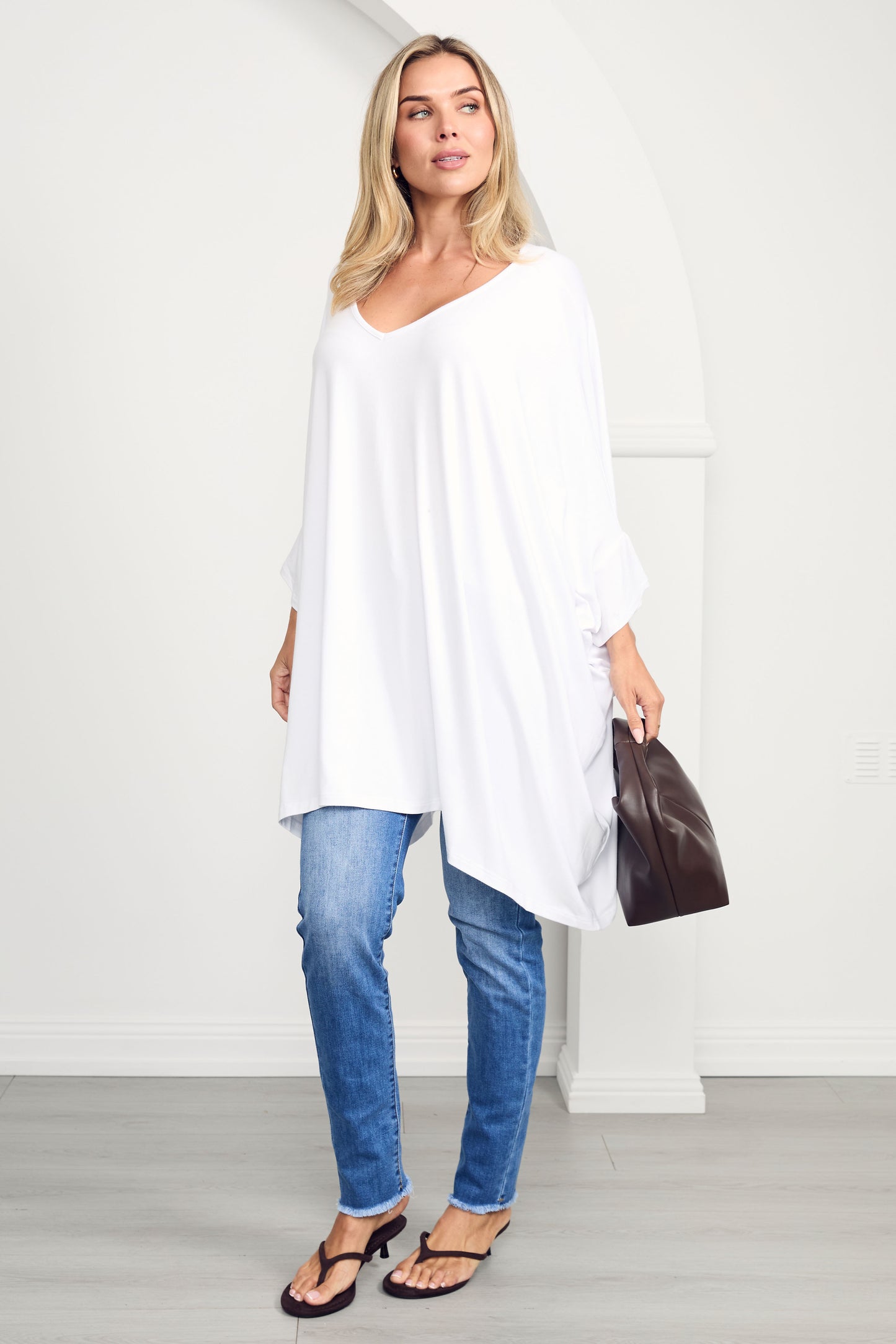 ESSENTIAL Bamboo Demi Sleeve Hi Lo Classic Length Top | White