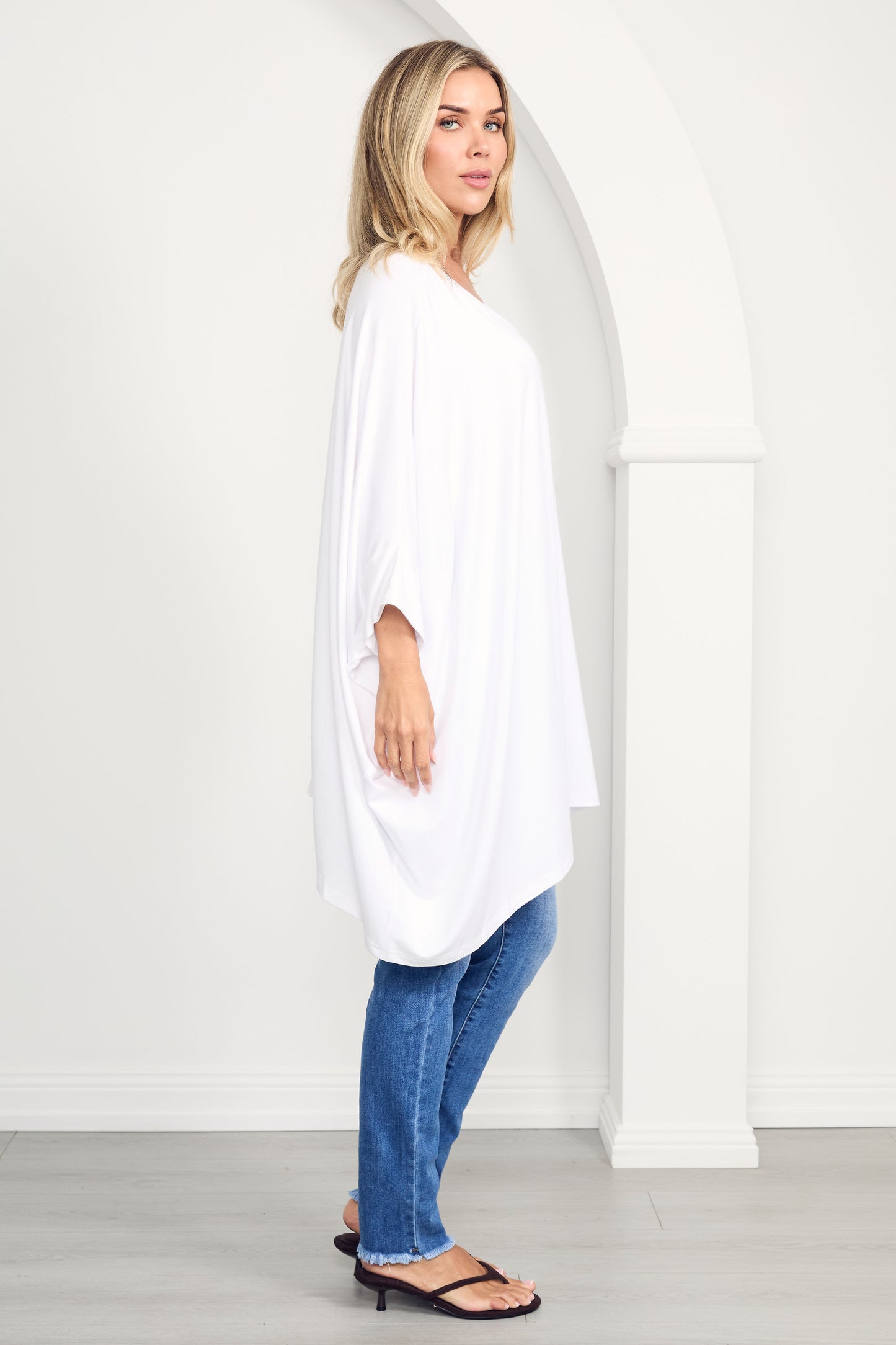 ESSENTIAL Bamboo Demi Sleeve Hi Lo Classic Length Top | White