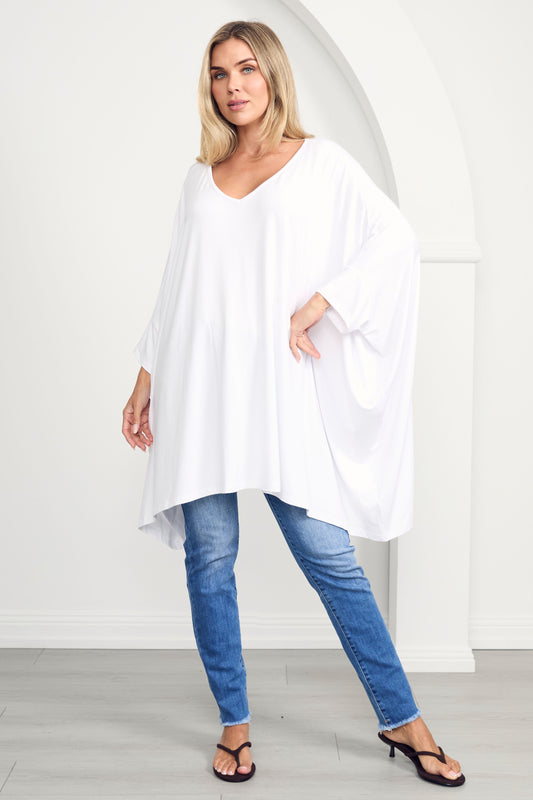 ESSENTIAL Bamboo Demi Sleeve Hi Lo Classic Length Top | White