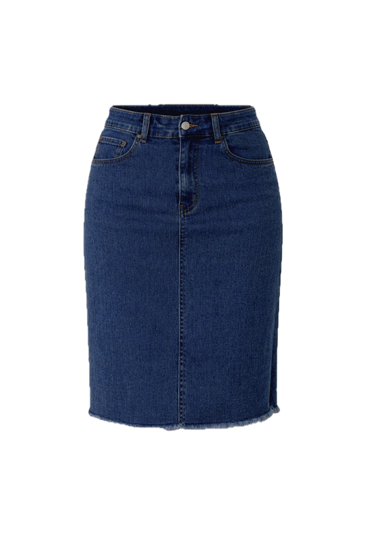 FRAY Denim Classic Length Skirt | Dark Wash