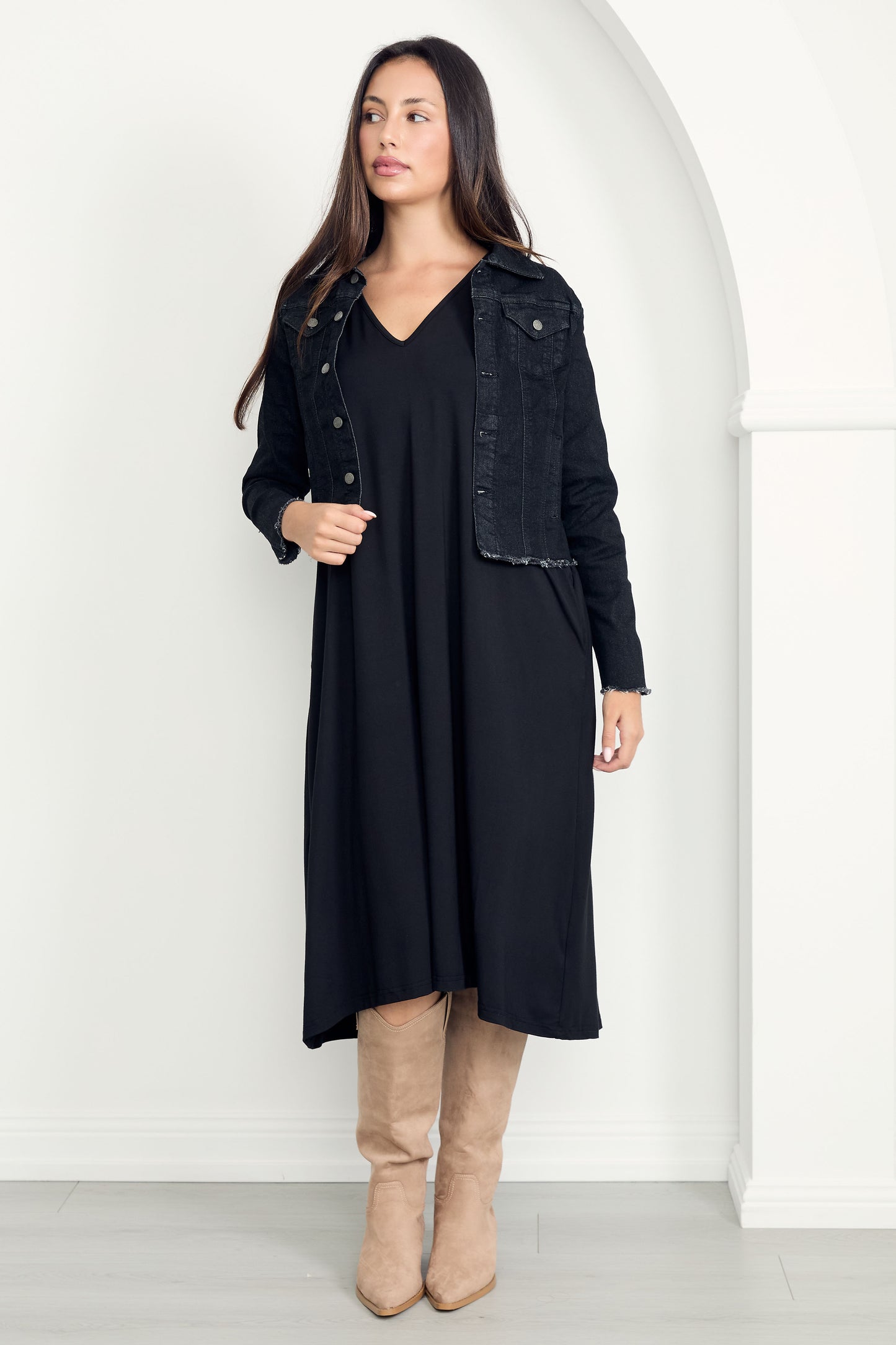 FRAY Denim Long Sleeve Cropped Jacket | Black