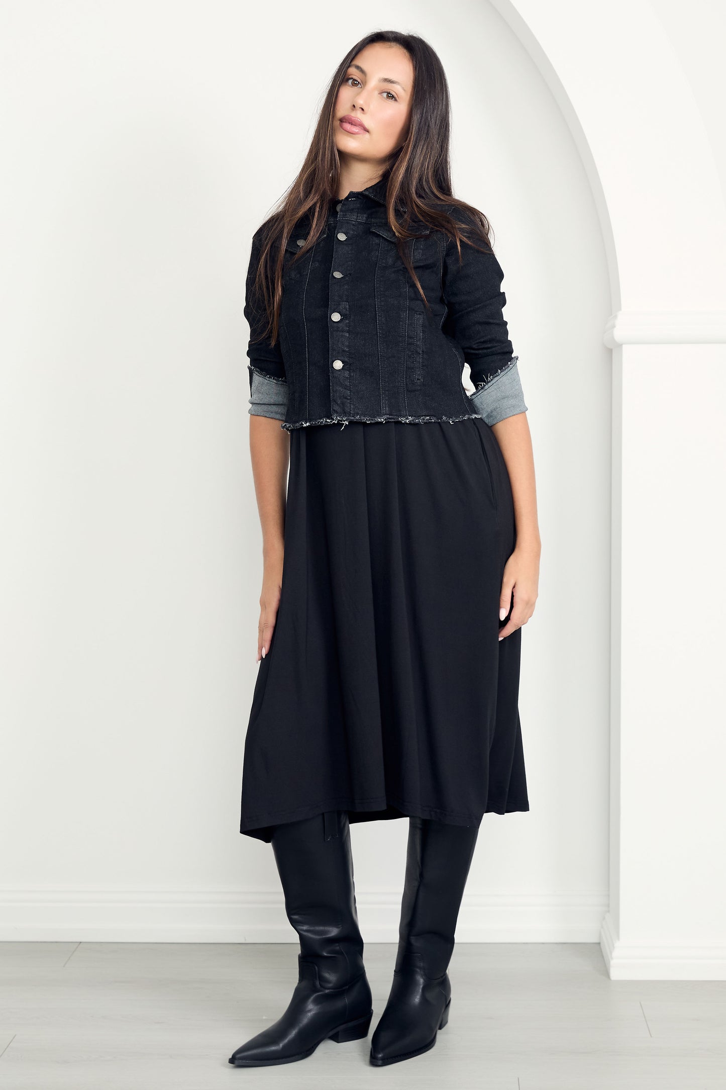 FRAY Denim Long Sleeve Cropped Jacket | Black