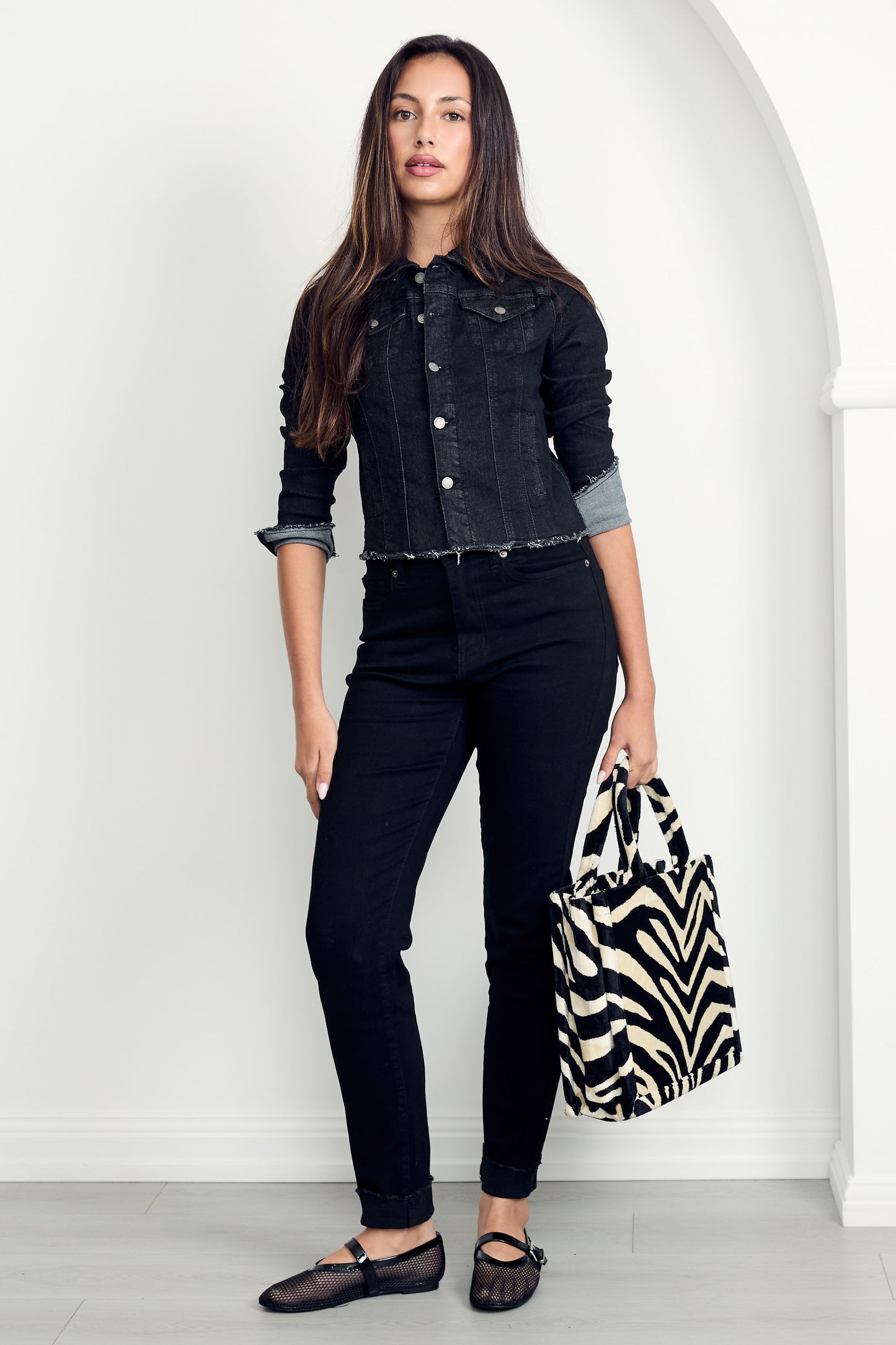 FRAY Denim Long Sleeve Cropped Jacket | Black