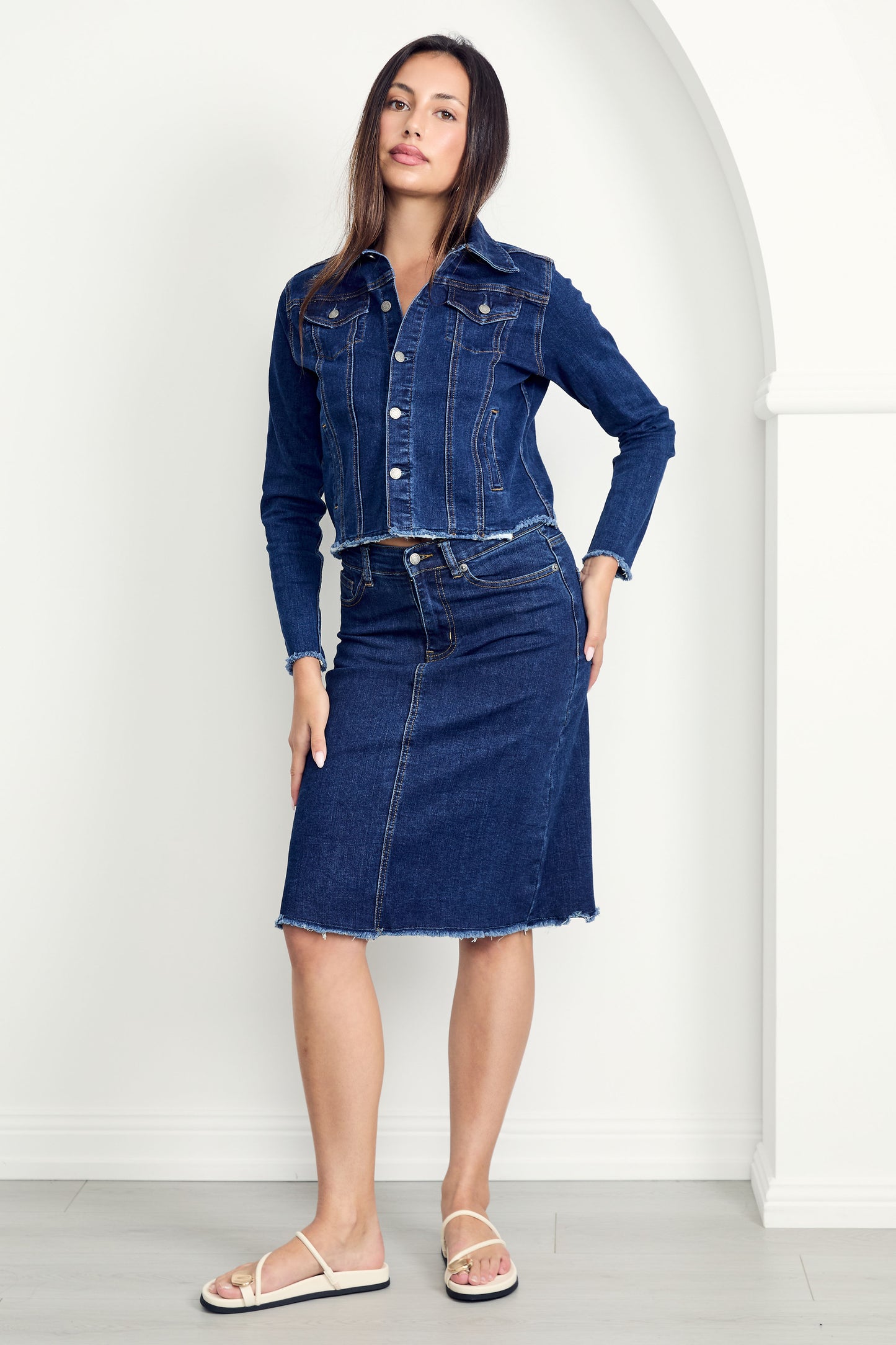 FRAY Denim Long Sleeve Cropped Jacket | Dark Wash